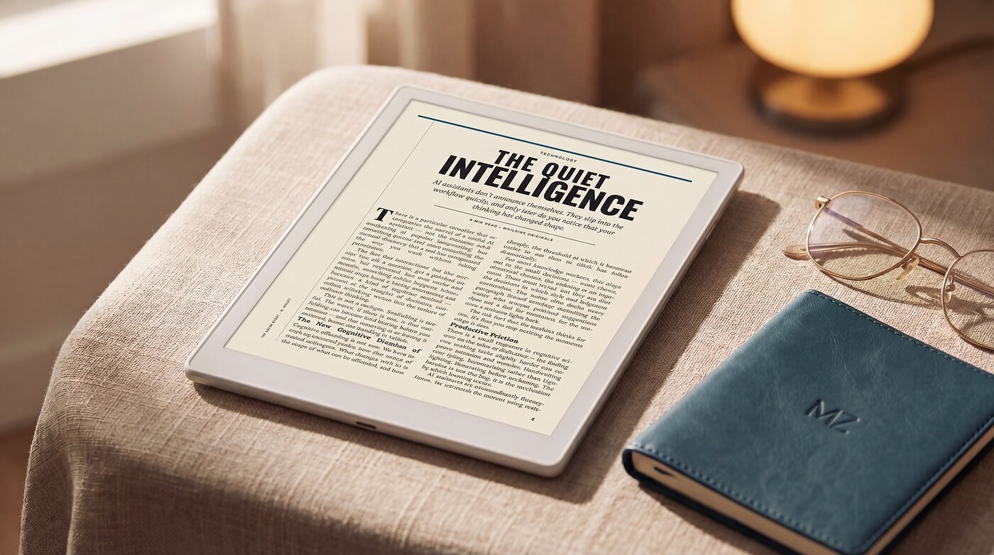 An e-ink tablet displaying beautifully typeset magazine content