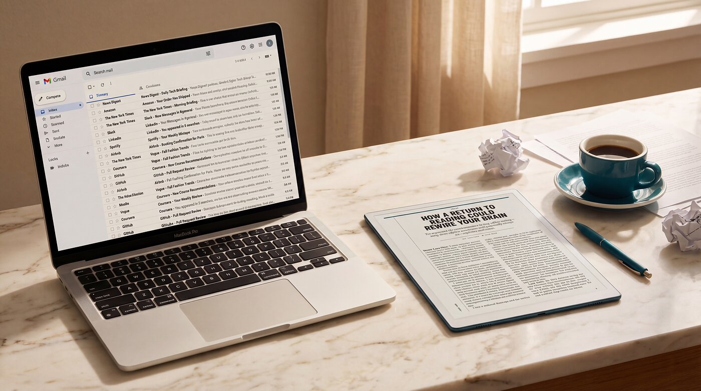 Laptop showing a cluttered email inbox beside an e-ink tablet lying flat on a marble desk, displaying a magazine-quality article layout