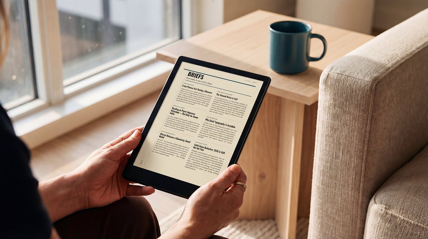 A calm reading moment with a tablet on a comfortable surface